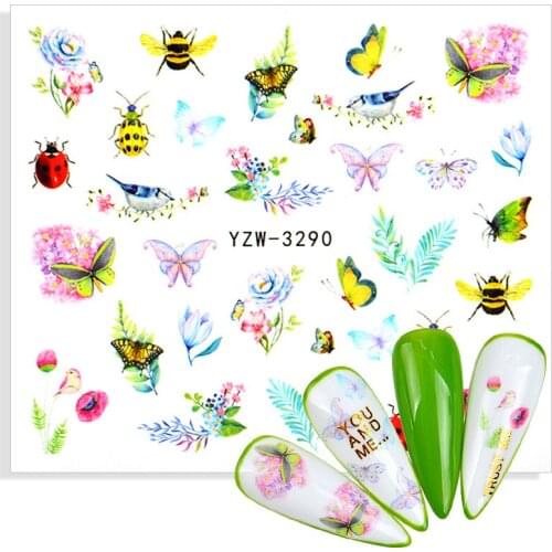 1 Sheet Blue Nail Stickers Butterflies Insect Flower Green Leaf Black Pink Slider for Nails Water Manicure Decals DIY Decoration