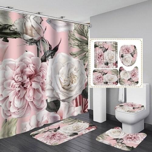 4 Pieces Big Flower Shower Curtain Mat Set with Carpet Bath Screen for Home Hotel Bathtub Partition Mold Proof Durable Curtains