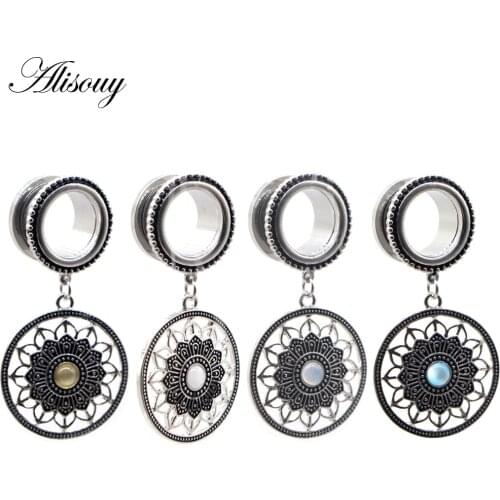 Alisouy 2pcs Stainless Steel Retro Round Flower Opal Dangle Ear Plugs Tunnels Expander Stretched Flesh Piercing Body Jewelry