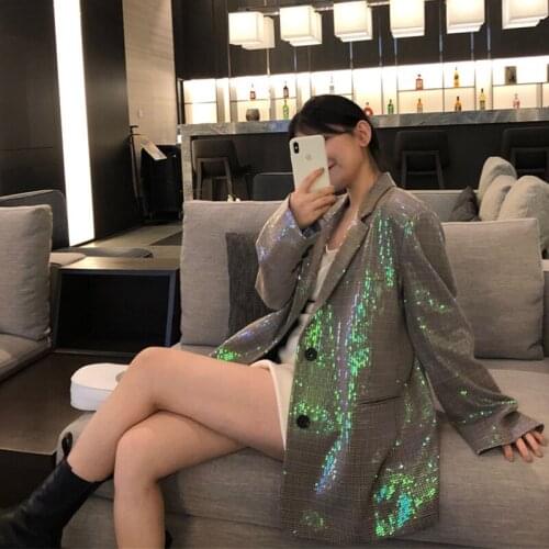 Women Fashion Shining Sequin Plaid Blazers Lapel Long Sleeves Lady Outwear Spring Autumn Casual Loose Single Breasted Big Pocket