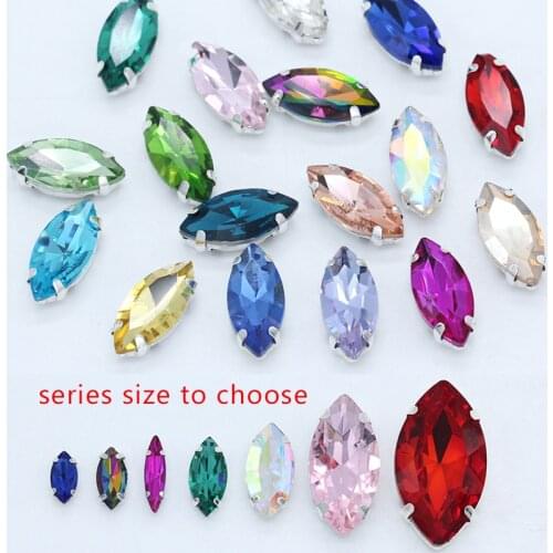 All-sizes navette/horse eye sew on flat back glass stone sewing crystal rhinestones silver claw button beads clothes decoration