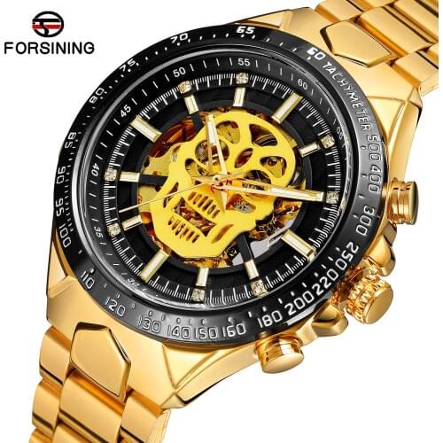 Winner Top Brand Steampunk Series Luxury Golden Skull Skeleton Clock Black Stainless Steel Luminous Hands Men Automatic Watches