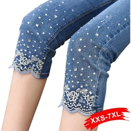 Plus Size 2018 New Women Embroidery Beading Stretch Jeans 4XL 5XL Summer Hight Waist Calf Length Pencil Pants
