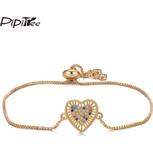 Pipitree Elegant Micro Pave Multicolor CZ Zircon Heart Charm Bracelet Femme Lovers Bridal Couple Bracelets Women Chain Jewelry