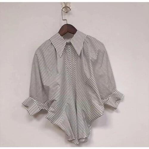 Elfstyle Short Sleeve Lapel Stripe Irregular Shirt Top