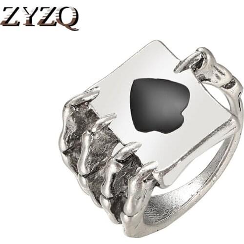 ZYZQ Personality Dragon Claw Unisex Ring Retro Exaggerated Metal Playing Card Spades Ring Halloween Matching Jewelry