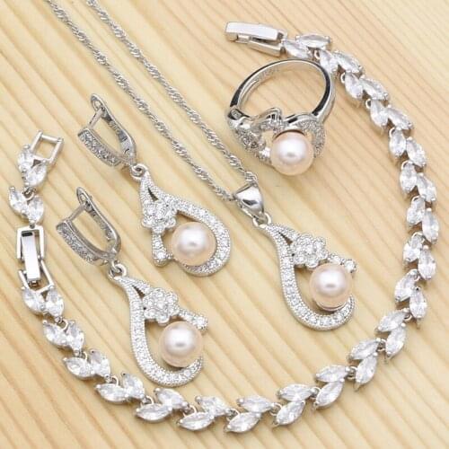 Silver 925 Wedding Jewelry Sets For Women Pink Pearl White Cubic Zirconia Bracelet/Earrings/Ring/Pendant/Necklace Set