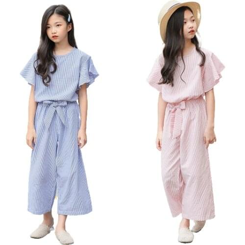 Girls' Suit Summer New Pure Cotton Striped Top Two Piece Wide Leg Pants Baby Girl Clothes Kids Clothes
