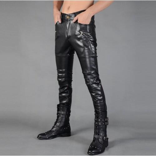 Full Leather Stage Performance Hair Stylist Mens Slim Feet Leather Pants Men Black Leather Pants Pantalon Homme Trousers Men