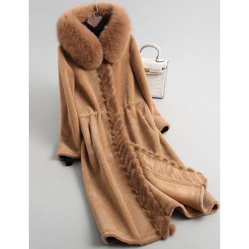 Searling Sheep Jackets for Women 2020 Real Wool Fur Coat Female Long Winter Coats Natural Fox Fur Hooded 18179 YQ2033 s