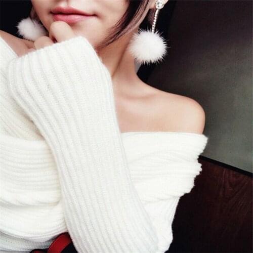 Cute Rabbit Fur Ball PomPom Long Tassel Earrings Crystal Chain for Women Girls Temperament Dangle Earring Jewelry