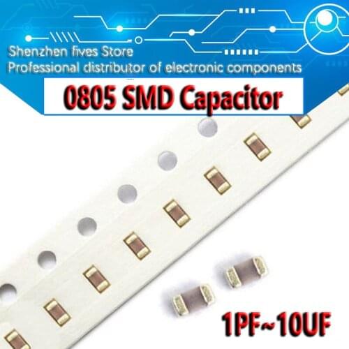 100pcs 0805 50V SMD Thick Film Chip Multilayer Ceramic Capacitor 1pF-10uF 10NF 100NF 1UF 2.2UF 4.7UF 10UF 1PF 6PF