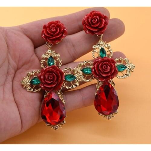 Fashion Baroque Rose Flower Cross Long Crystal Pendant Earrings European And American Exaggerated Ear Jewelry Women