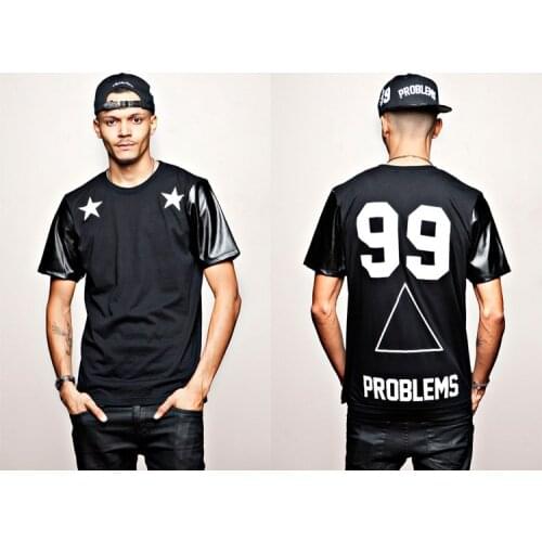 Mens t shirts fashion 2014 problems 99 five-pointed star leather digital neck short sleeve mens leather t shirt