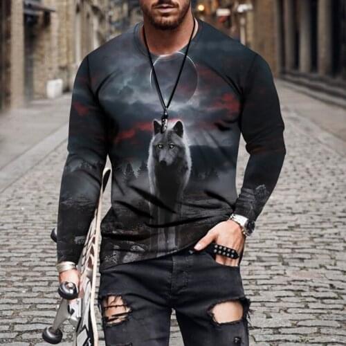 New mens autumn and winter loose casual fashion round neck fashion color matching animal print long-sleeved T-shirt