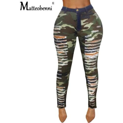 2020 New Fashion Autumn Winter Female Denim Pants Women Skinny Hole Spliced Camouflage Print Jeans Sexy pencil Bandage Trousers