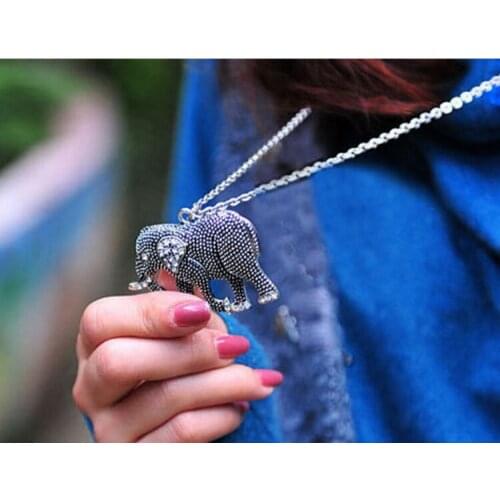 2017 fashion Elephant Pendant Necklace Elephant Carved Crystal Rhinestone Antique Pendant Necklace Womens Trendy Jewelry