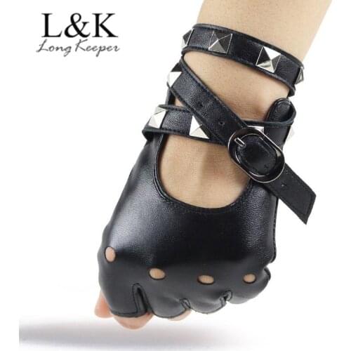 LongKeeper Unisex Fingerless Driving PU Leather Gloves Black Punk Style Cool Rivet Sexy Disco Dancing Rock-and-Roll New Mittens