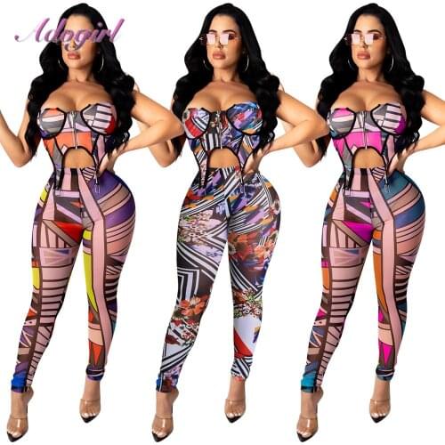 Sexy Sheer Mesh Party Club Two Piece Set Women casual Print Spaghetti Strap Zipper Crop Top Jogger Pants Suit Outfit Tracksuit