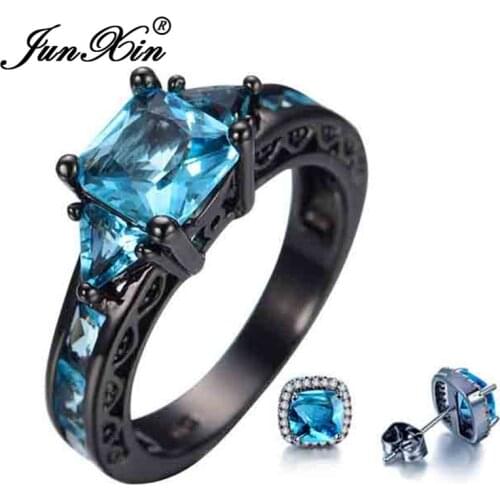 JUNXIN Aqua Blue Crystal Square Earrings Ring Jewelry Sets Black Gold Ring Princess Zircon Stud Earrings For Women Wedding Set