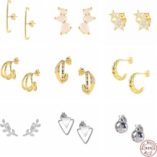 CANNER Piercing Aretes S925 Sterling Silver Bling Zircon Stud Earring For Loves' Couples C Shaped Earrings Wedding Jewerly Gift