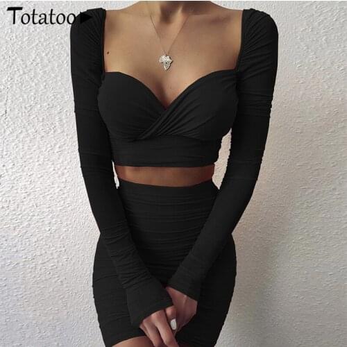 Serytee Elegant Deep V Neck Strapless Crop Tops+Bodycon Skirts Ruched Two Piece Set Women Dress Suit Club Party Black Vestidos