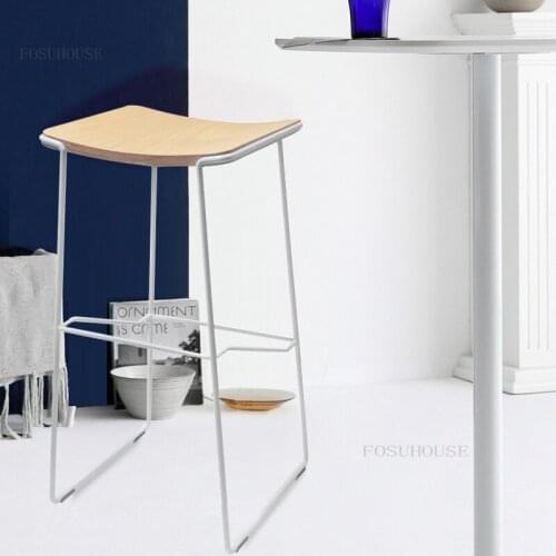 Nordic Solid Wood Counter Bar Stools Wrought Iron Hotel High Foot Bar Stool Modern Minimalist Home Furniture Designer Barstool