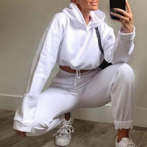 1 Set Sporty Hoodie Pants Set Hooded Drawstring Women Breathable Solid Color Crop Top Sweatshirt Sweatpants for Daily Wear