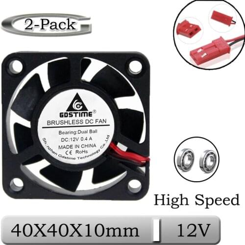2 Pcs Gdstime 12V 40mm 40x40x10mm Dual Ball High Speed Brushless DC Exhaust Cooling Fan 4010 4cm JST Connector 3D Printer Cooler