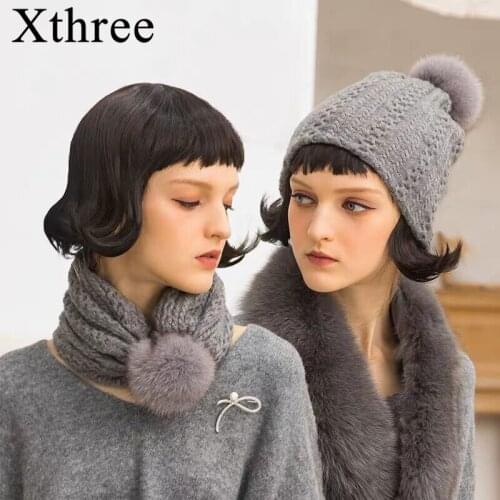 Xthree Dual purpose Hat Cashmere Womens Beanie Hat Winter hat for children Raccoon Fur Pom Hat Skullies Cap Gorros Female Cap