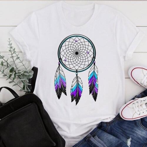 Women Clothes Cartoon Feather Web Dream Casual Ladies Summer Print Fashion Tshirt Female Short Sleeve Tee Top Graphic T-shirt