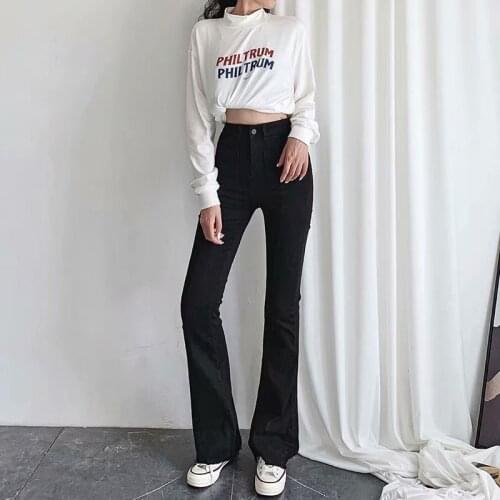 Shnsoph Spring Autumn New High Waist Stretch Horn Jeans Women Slim Long Legs Solid Color European American Style Ladies Jeans