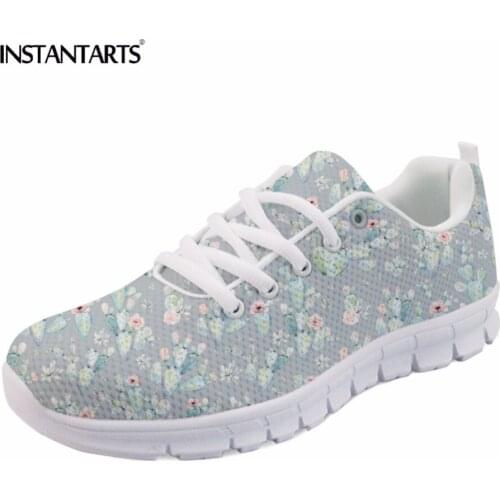 INSTANTARTS 2018 Spring Autumn Gray Lace-up Casual Shoes Sneakers Shoes Cactus Flower Print Women Girl Lace Up Flat Shoes Zapato