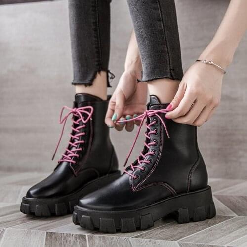 New product Pocket Motorcycle Boots Women Platform Shoes Lace Up Thick-soled Black Military Shoes Woman Half Botas Mujer