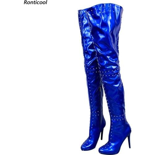Ronticool Women Winter Thigh High Boots Studded Stiletto High Heel Thin Platform Round Toe Metallic Blue Club Shoes Us Size 5-20