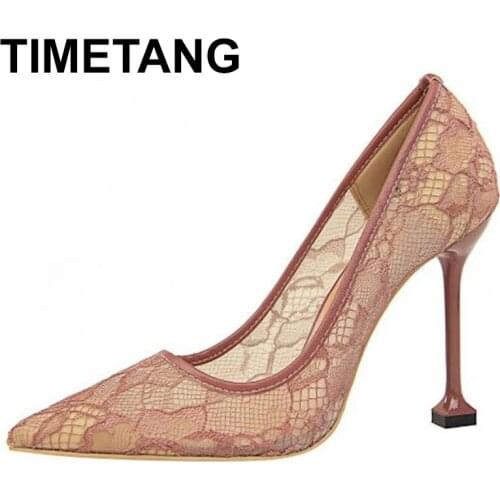 TIMETANG Shoes Lace Hollow Woman Pumps Stiletto Heels 2021 High Heels Nightclub Party Shoes Pointed Toe Sexy Heeled Shoes Female