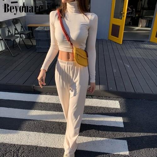 Beyouare Casual Elegant Womens Two Piece Set 2020 Autumn Solid Turtleneck Long Sleeve Crop Tops And Elastic Waist Wide Leg Pant