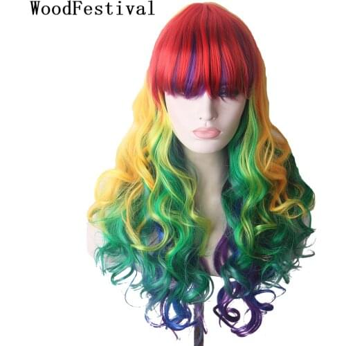 WoodFestival Colored Synthetic Wig With Bangs Female Cosplay Wigs For Women Long Hair Wavy Rainbow Pink Red Blue Purple Brown