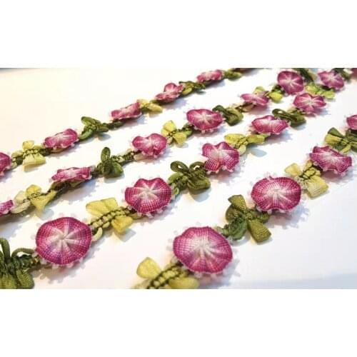 2 Yards Woven Rococo Ribbon Trim with Pink Rose Flower Buds|Decorative Floral Ribbon|Scrapbook Materials|Clothing|Decor