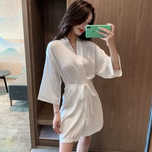 2021 Summer Sexy Lingerie Mini Robes for Women Short Sleeve Silk Satin Bathrobe Sleepwear Nightdress Homewear Night Dress Nighty