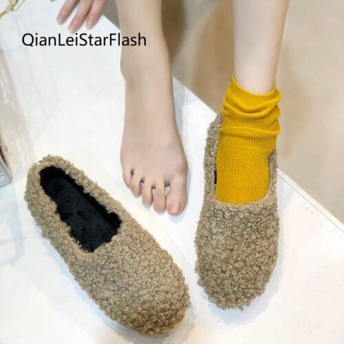 2021 Winter Women Flats Wool Plush Loafers Black Warm Slip on Flat Shoes White Boat Shoes Ladies Cotton-Padded Shoes