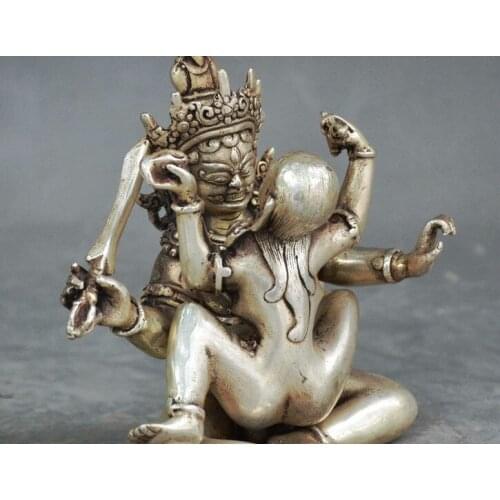 4" Old Chin5 Tibetan Buddhism Silver Vajra Mandkesvara Yab-Yum Buddha Statue
