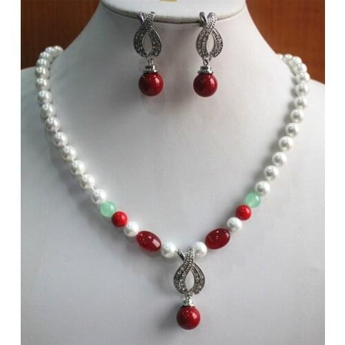 Designed 8mm white shell pearl necklace decorated with red and green Stone mathc 14mm red pearl earrings for gift