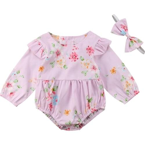 Newborn Baby Girl Pink Flowers Long Sleeve Bodysuit Jumpsuit Headband Outfits Clothes Size 0-24M