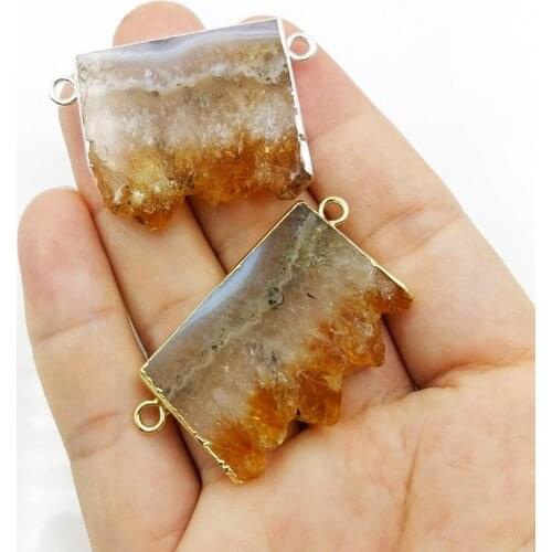 Double Bails Raw Citrines Geode Slice Pendants Connectors Yellow Crystal Quartz Drusy Slab Charms DIY Necklace Bracelets Making