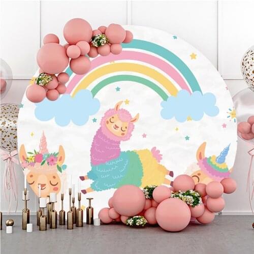 DAWNKNOW Round Circle Photography Background Backdrop Cartoon Alpaca Rainbow Children Birthday Party Decoration Photo Studio