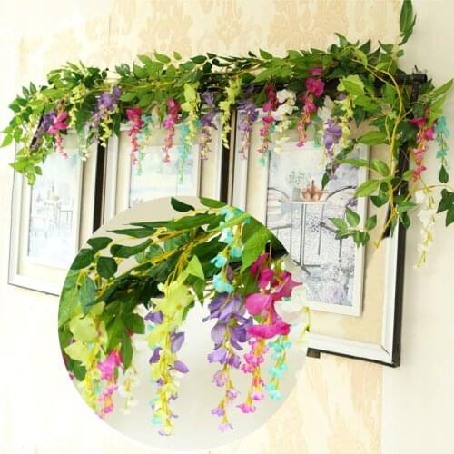 2M Artificial Wisteria Vine Garland Hanging Plants Foliage Outdoor Home Wedding Garden Decoration Fake Flower Wall Decor