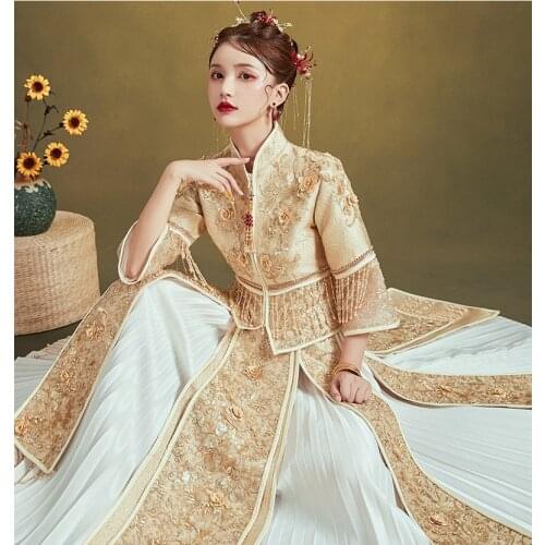 Chinese Traditional Bride Toast Clothing Wedding Dress Female Gown Slim Cheongsam Gold Evening Gown Robe