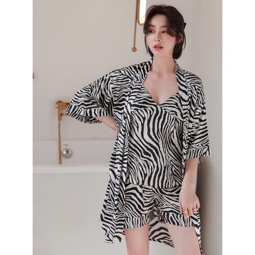 Summer womens clothing suit ice silk sexy sling outer robe five-piece black and white collocation charming home service suit
