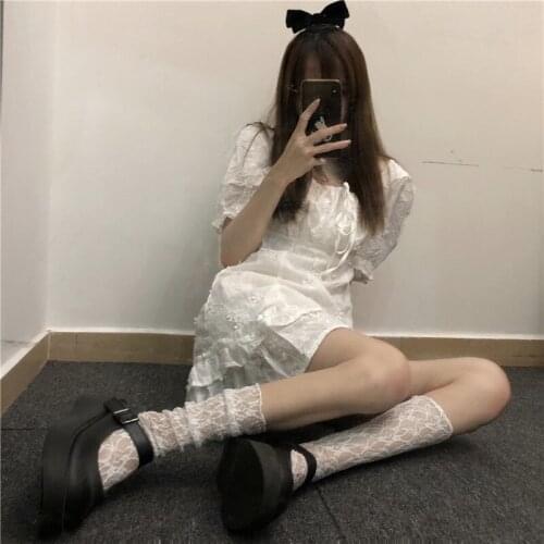 Lace Tube Socks Retro Japanese Sweet HANAFUJI Pattern Hollow out Girly Lolita Socks Mesh Bunching Socks Women